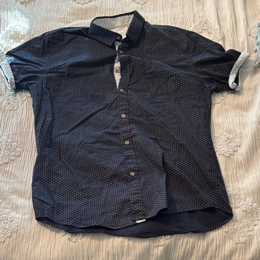 Men's Navy Patterned Casual Button Down Shirt